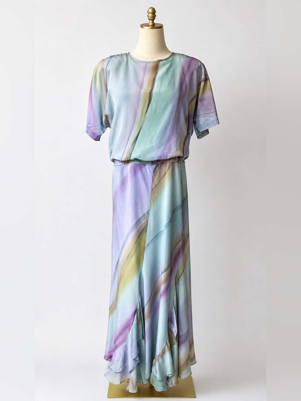 Vintage Yolanda Lorente Hand Painted 100% Silk Maxi Dress Pastel Watercolor S